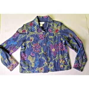 Y2K Denim Embroidered Jacket Women Small Floral Cottagecore Indie Hippie Artsy S